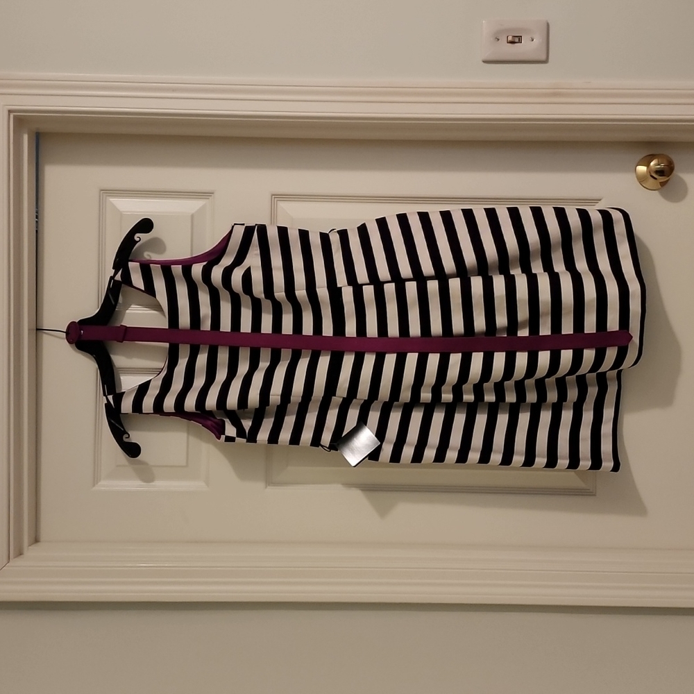 WHBM Black and White Striped Silk Dress with Purple Belt - NWT
